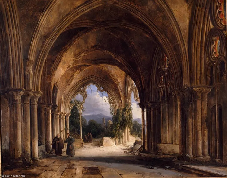 Moines Dans Une Église Gothique En Ruines — Renoux Charles Caius