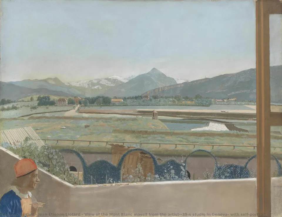 View Of The Mont Blanc Massif From The Artist's Studio In Geneva, With Self-portrait — Жан-этьен Лиотар