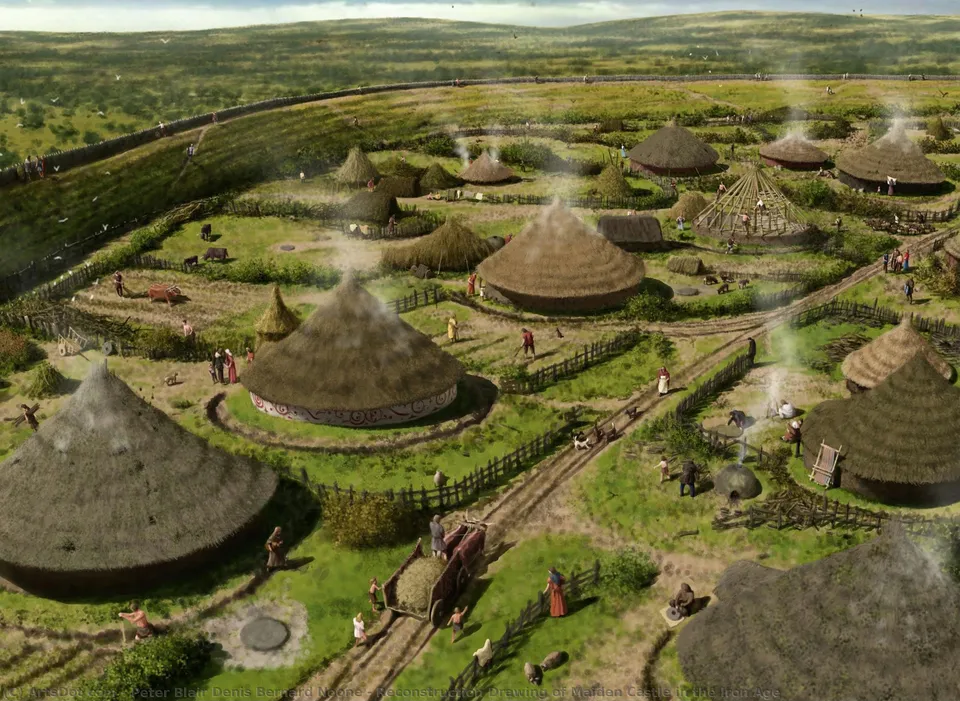 Reconstruction Drawing Of Maiden Castle In The Iron Age — Peter Blair Denis Bernard Noone