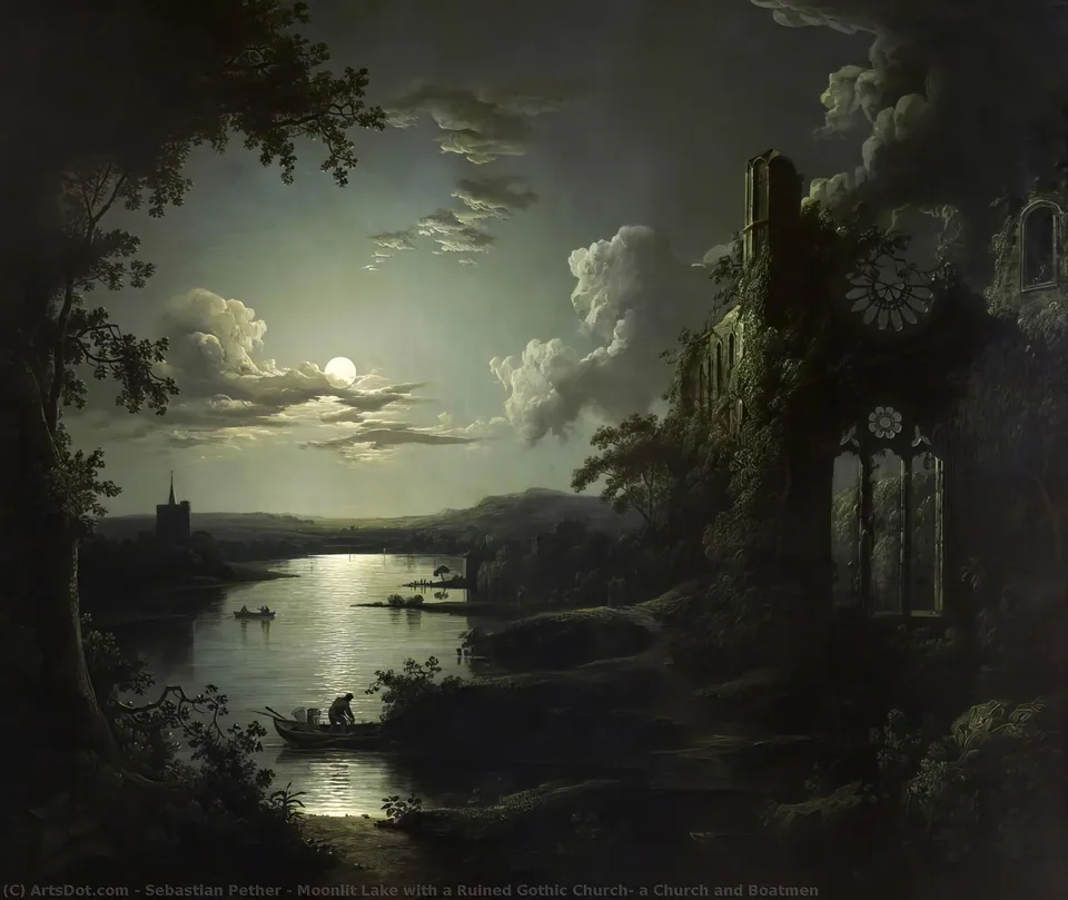 Moonlit Lake With A Ruined Gothic Church, A Church And Boatmen — Sebastian Pether