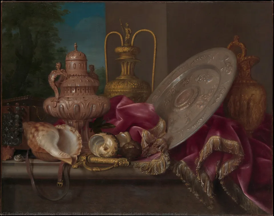 Still Life With Silver And Gold Plate, Shells, And A Sword — Meiffren Conte