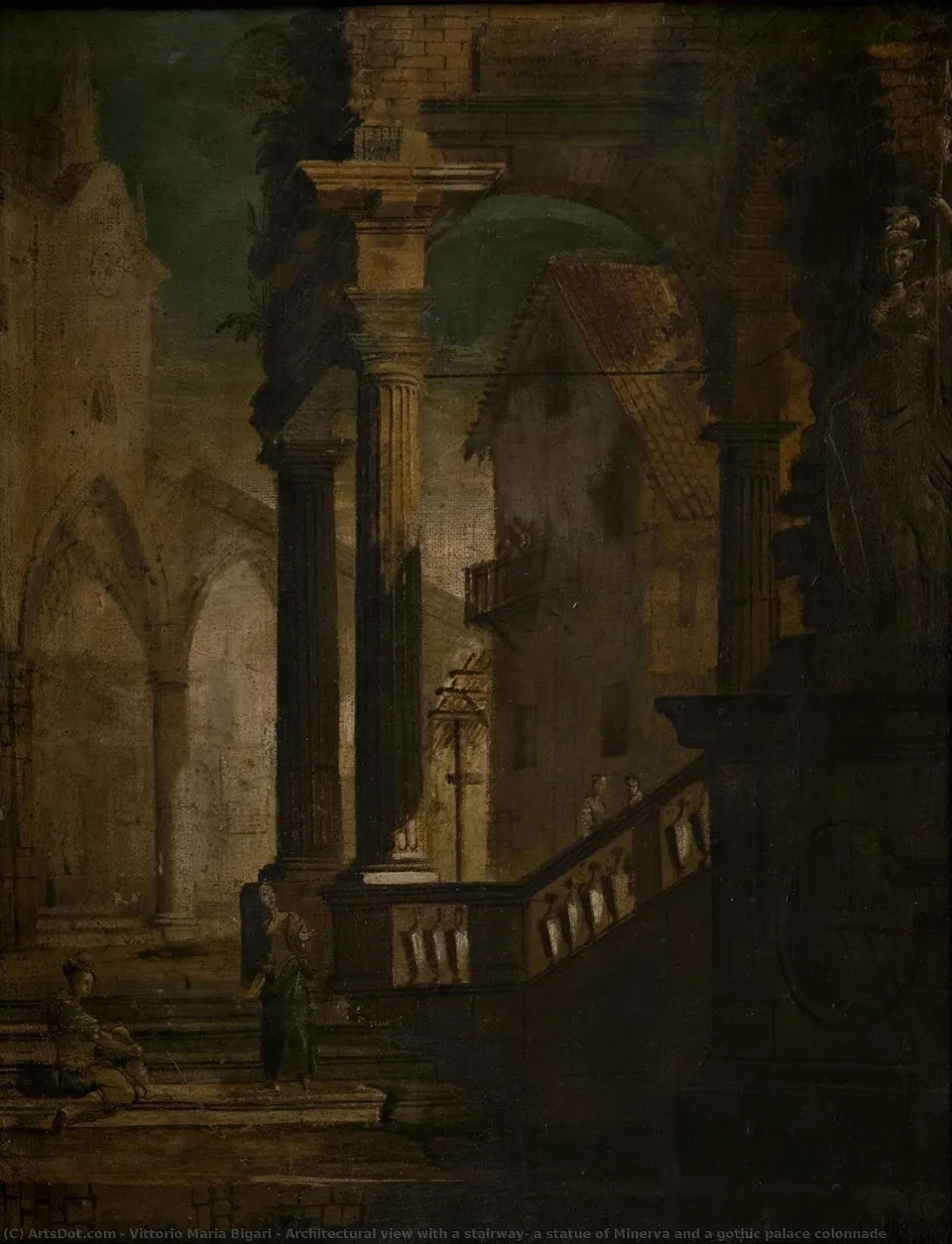 Architectural View With A Stairway, A Statue Of Minerva And A Gothic Palace Colonnade — Vittorio Maria Bigari