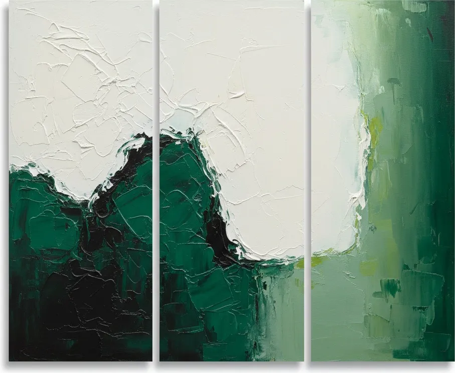 Ethereal Triptych Of Verdant Shadows And Sculptural Light In Deep Impasto — David Moreau