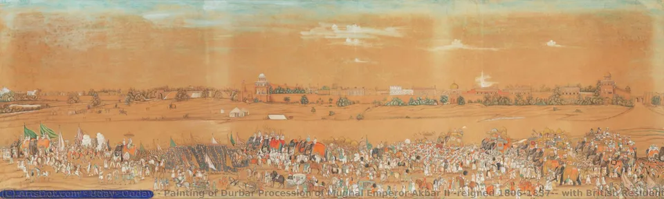 Painting Of Durbar Procession Of Mughal Emperor Akbar Ii (reigned 1806-1837), With British Resident Charles Metcalfe (1785-1846) — Uday, Ooday