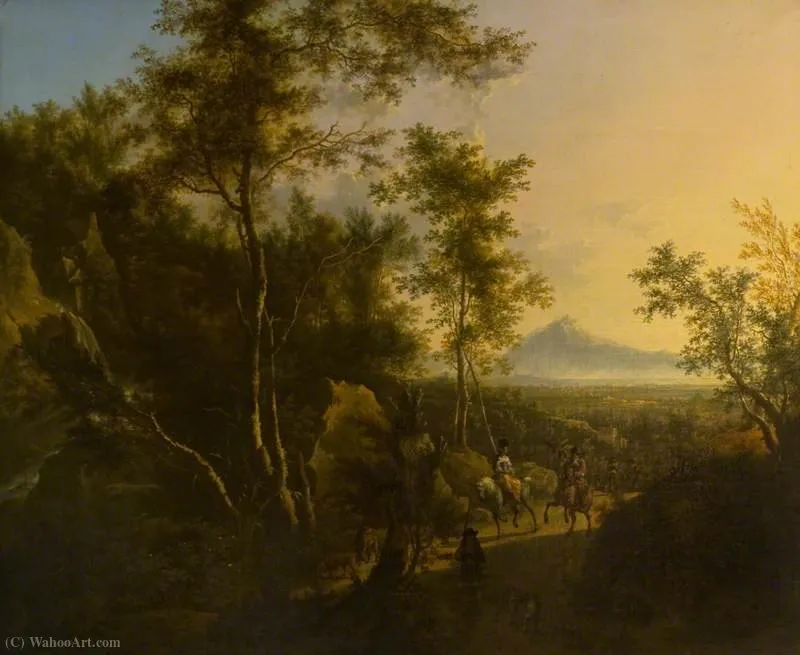 A Wooded Scene With A Sportsman, His Dog And A Hawking Party — Frederick De Moucheron