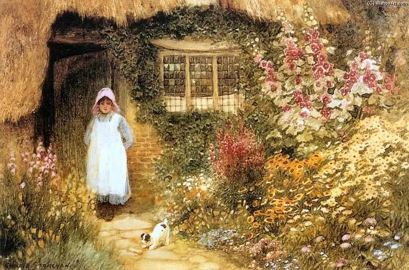 Girl With Dog Outside Cottage — Arthur Claude Strachan