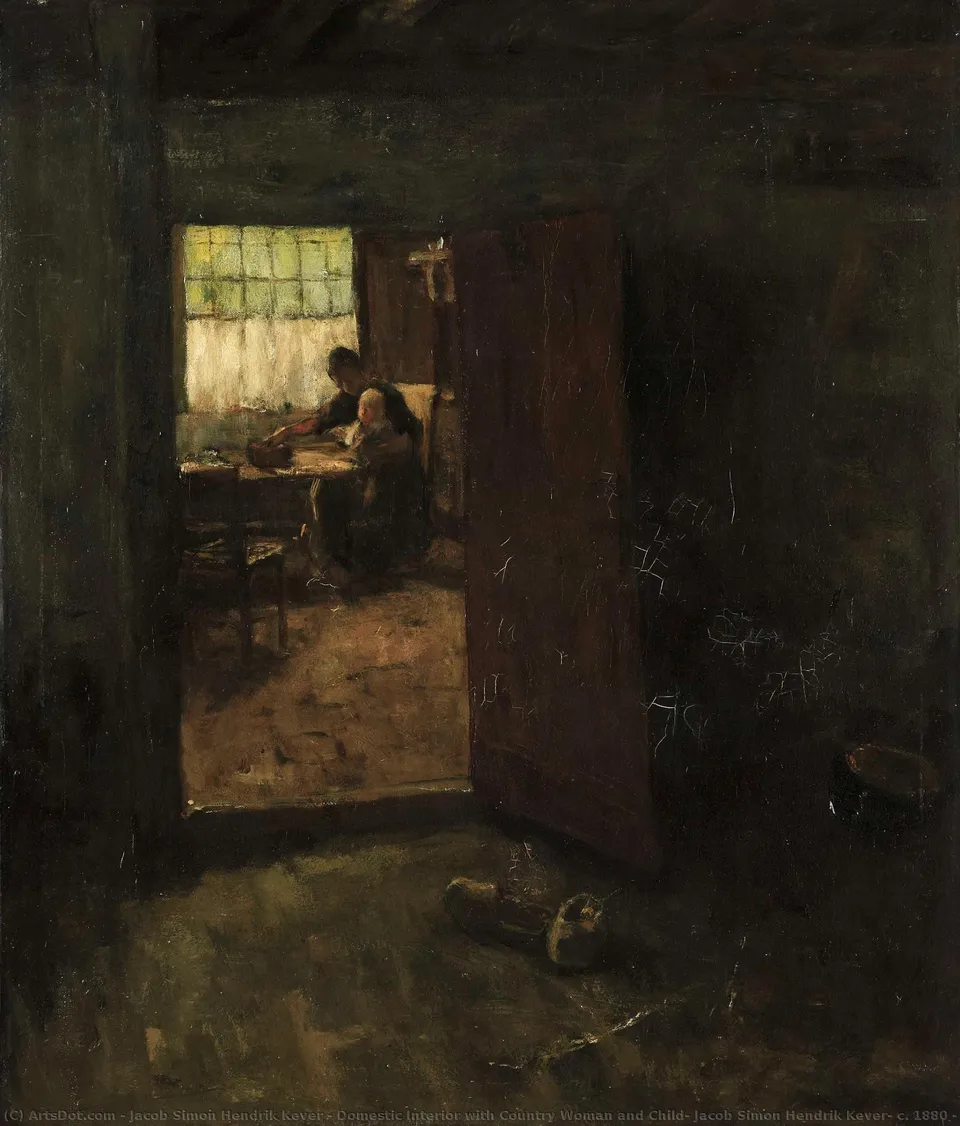 Domestic Interior With Country Woman And Child, Jacob Simon Hendrik Kever, C. 1880 - C. 1907 — Jacob Simon Hendrik Kever