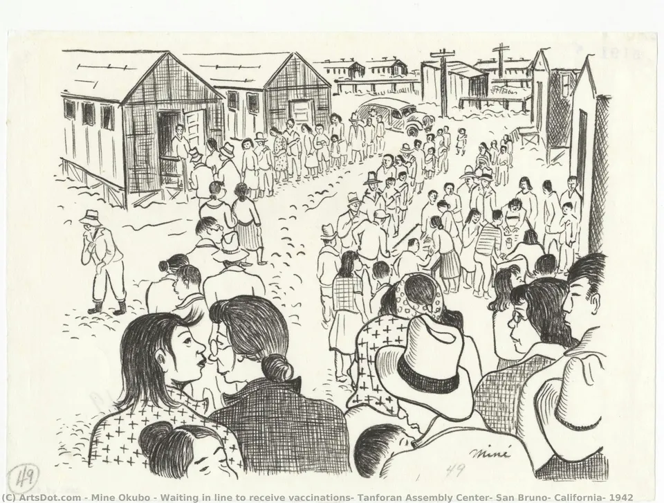 Waiting In Line To Receive Vaccinations, Tanforan Assembly Center, San Bruno, California, 1942 — Мине Окубо
