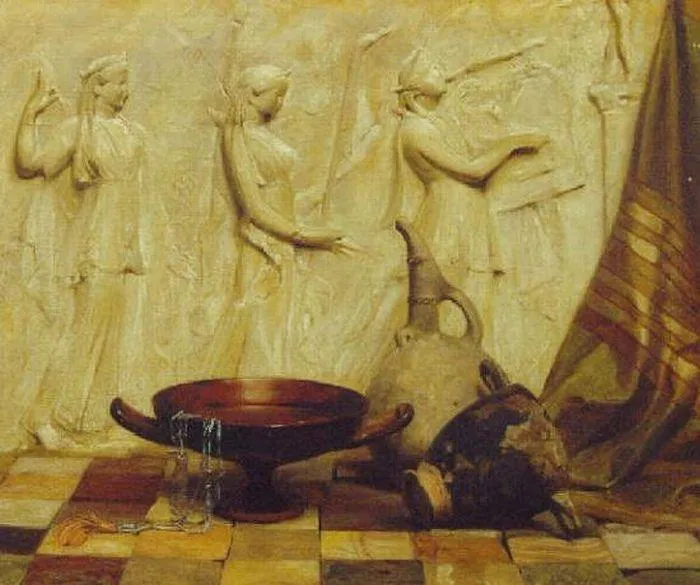 A Skyphos, A Kylix, A Wine Jug, And An Egyptian Necklace Before A Greek Frieze, On Marble Tiles — Артур Хакер