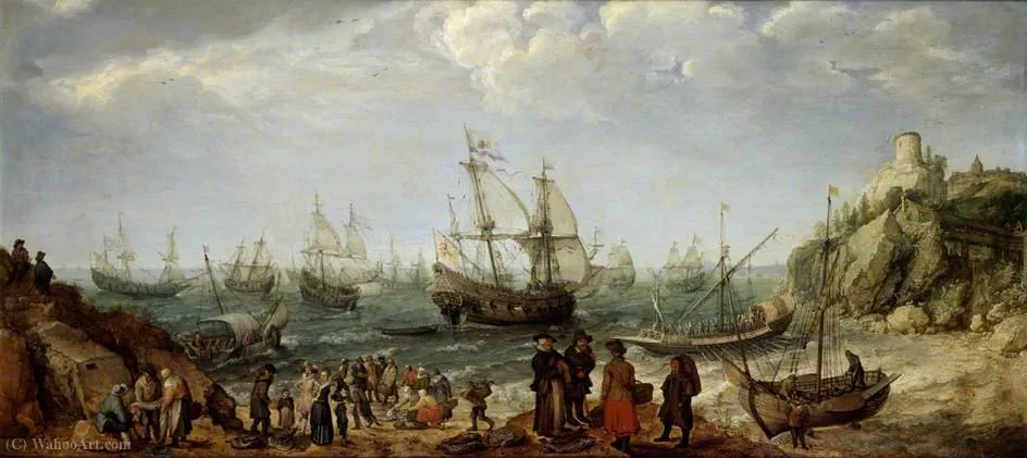 Warships Off The Coast With A Fishmarket On The Beach — Adam Willaerts