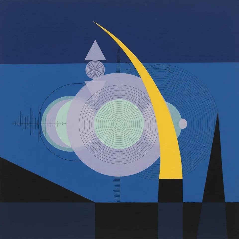 Resonance Of The Celestial Sine: A Geometric Symphony In Cerulean And Gold — Jeanne Marchand
