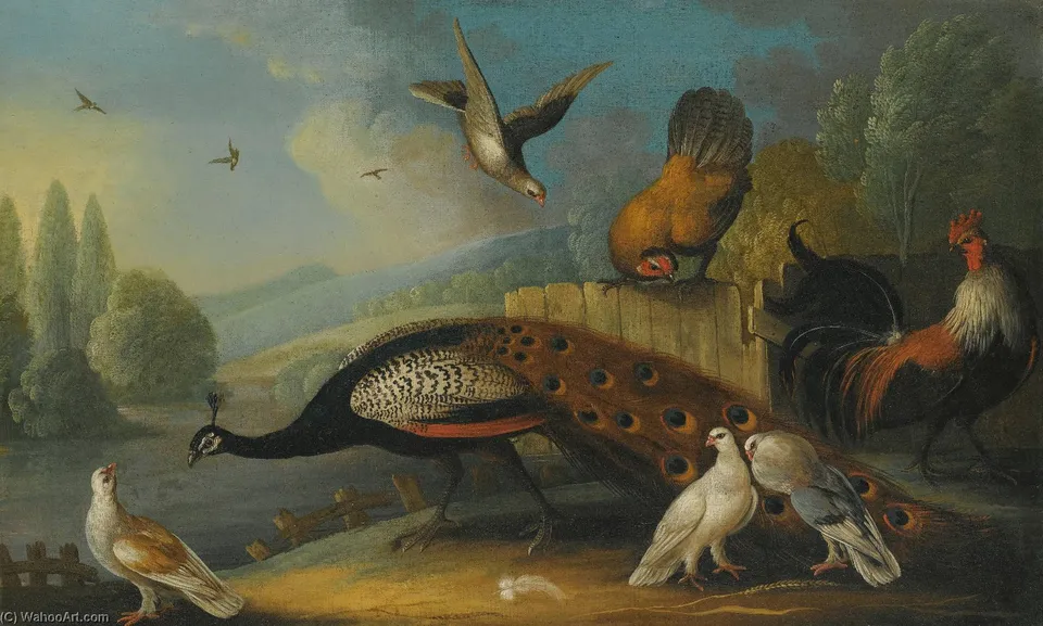 A Still Life With A Peacock, Pigeons And Chickens In A River Landscape — Marmaduke Cradock