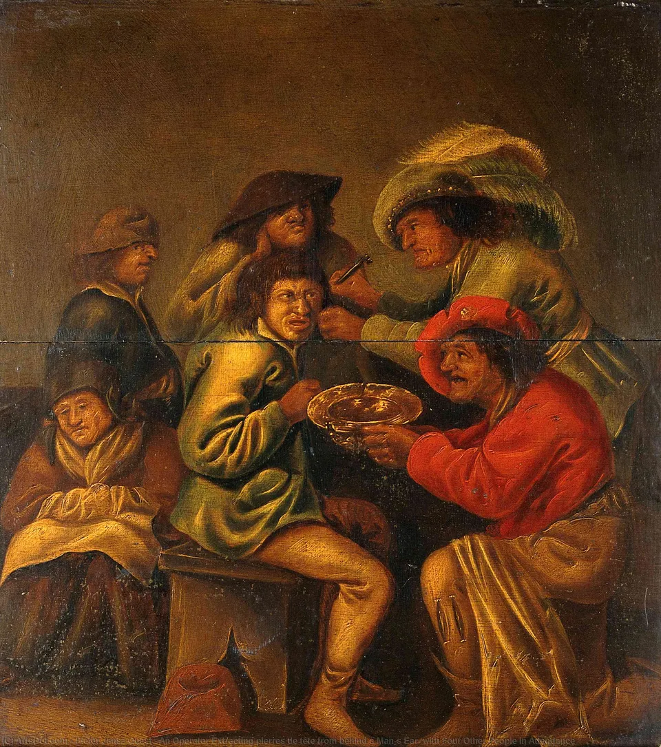 An Operator Extracting Pierres De Tête From Behind A Man's Ear, With Four Other People In Attendance — Pieter Jansz. Quast