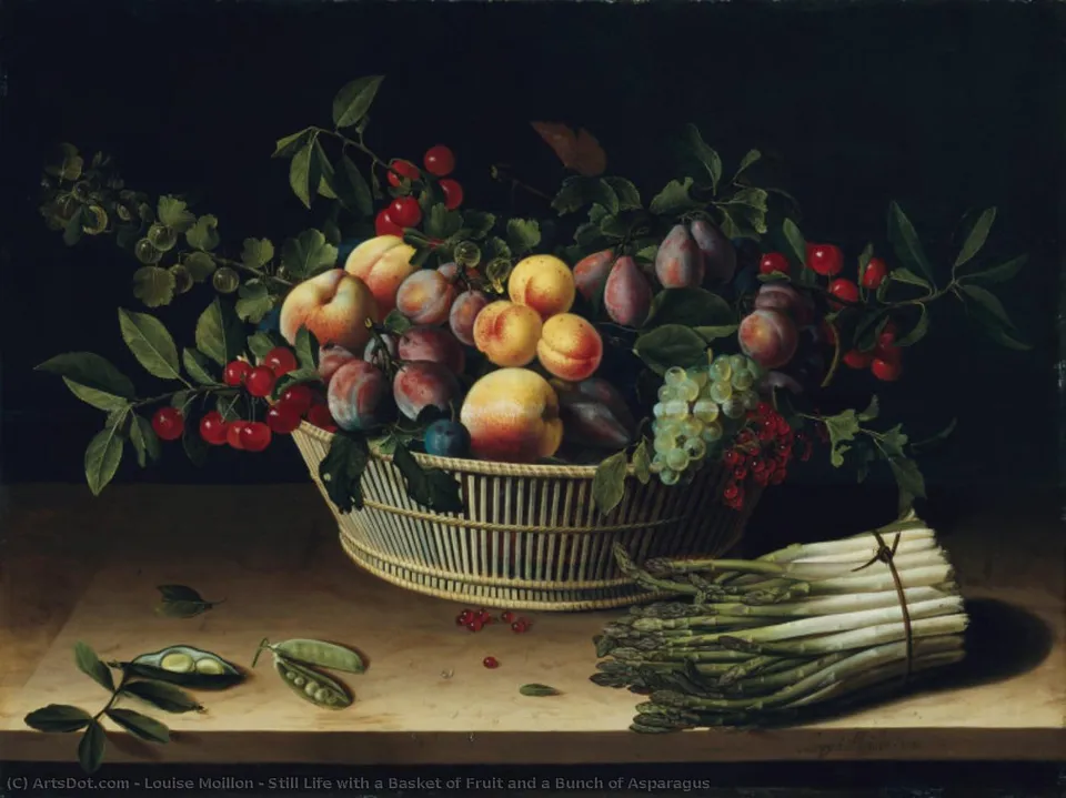 Still Life With A Basket Of Fruit And A Bunch Of Asparagus — Louise Moillon