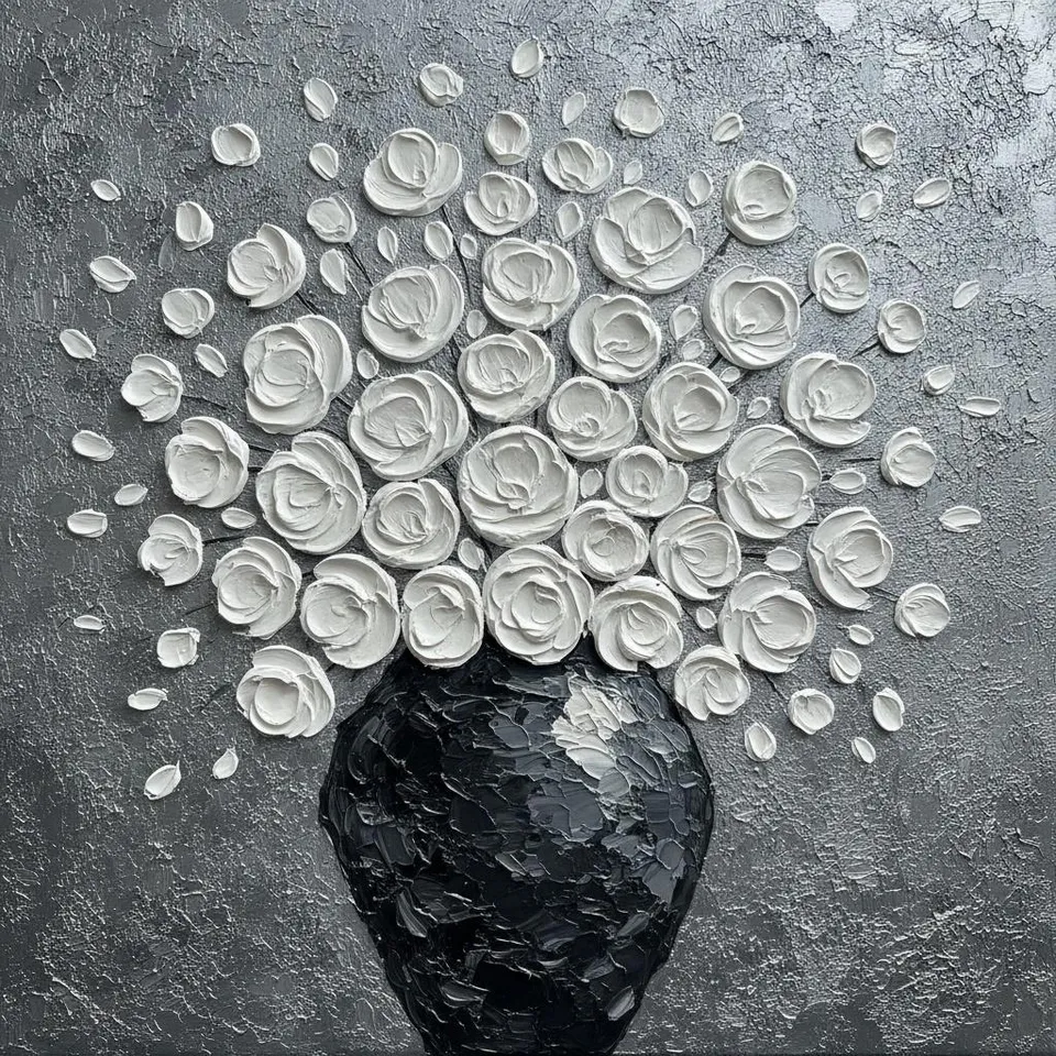 Monochromatic Radiance: A Sculptural Burst Of Ethereal White Roses In Obsidian Shadow — David Moreau