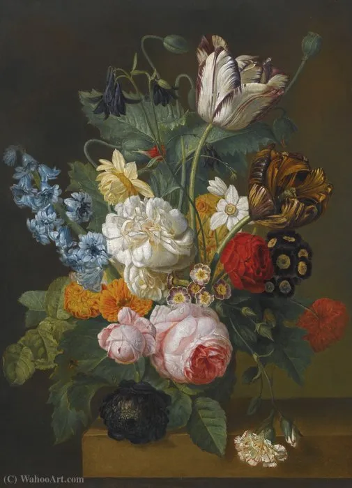 Still Life Of Flowers, Including Roses, Tulips And A Hyacinth, On A Ledge — Gerard Van Spaendonck