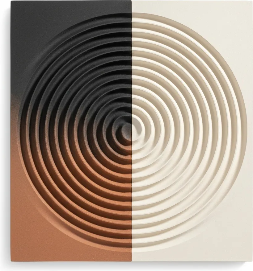 Ethereal Resonance In Terracotta And Charcoal: A Monumental Sculptural Radial Study — David Moreau