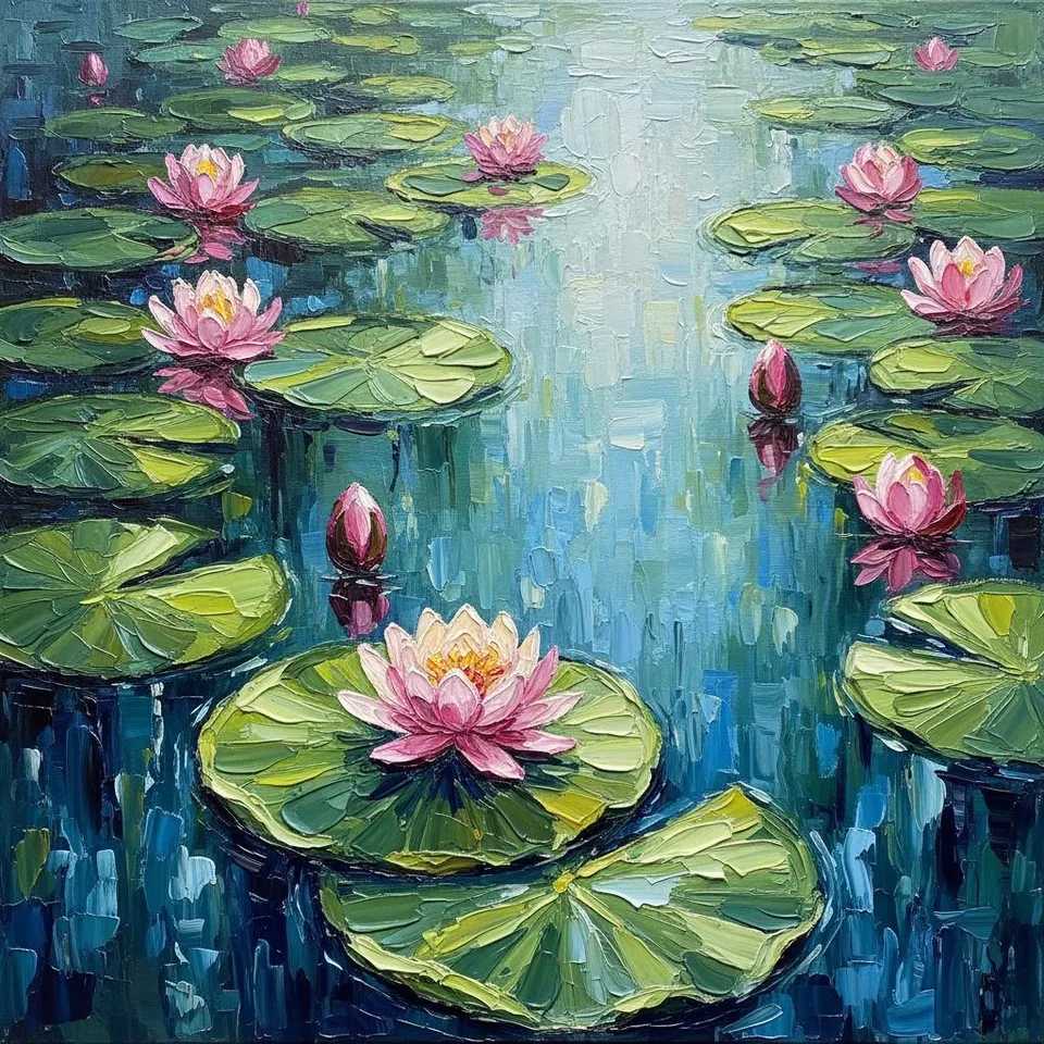 Serene Azure Depths: A Singular Impasto Study Of Floating Petals And Verdant Ripples — Christian Noiret