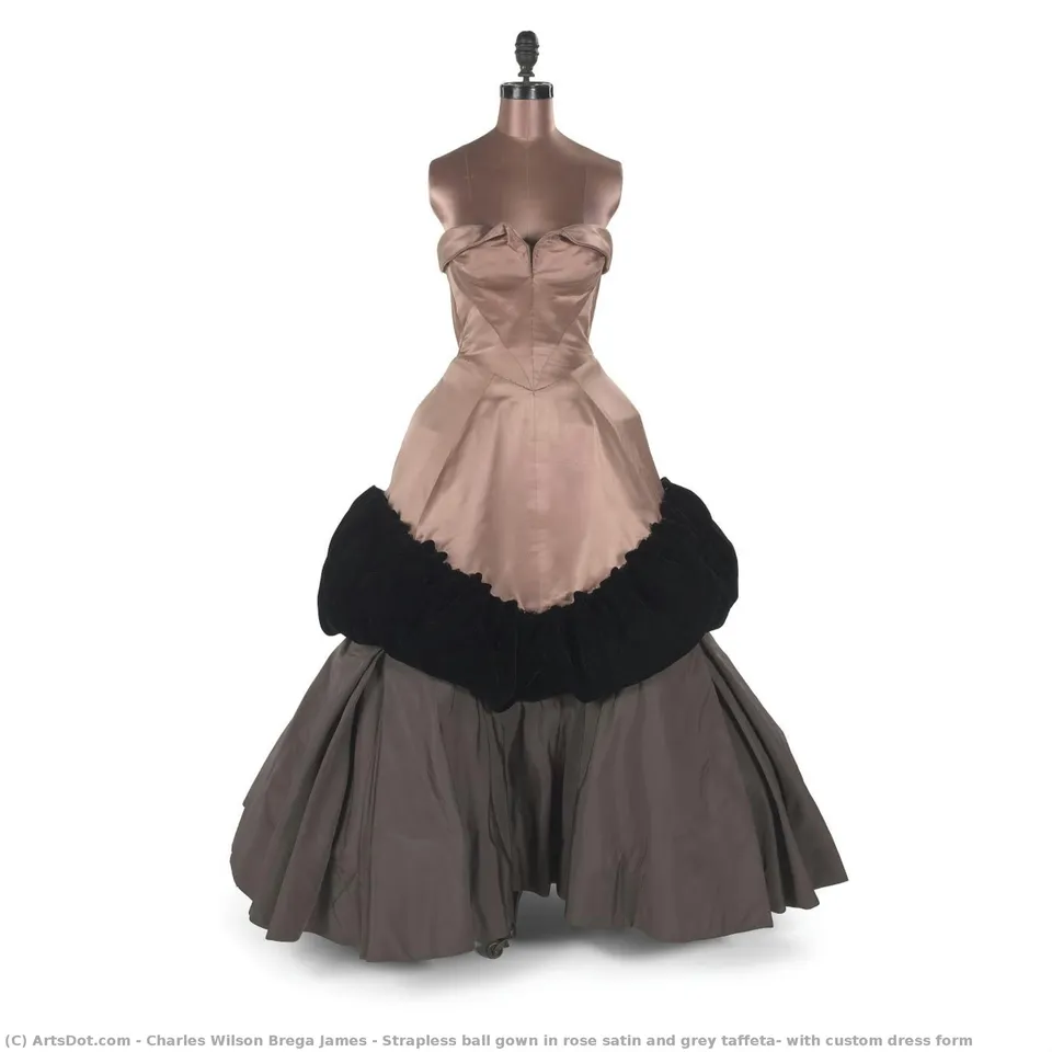 Strapless Ball Gown In Rose Satin And Grey Taffeta, With Custom Dress Form — Charles Wilson Brega James