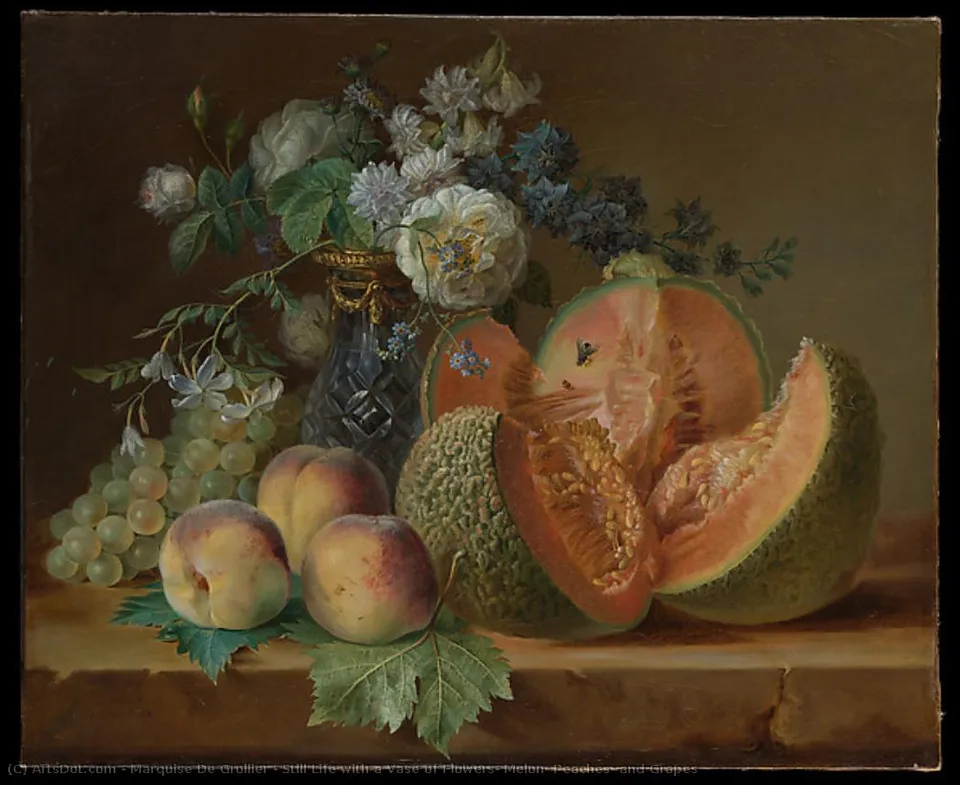 Still Life With A Vase Of Flowers, Melon, Peaches, And Grapes — Charlotte Eustache Sophie De Fuligny Damas