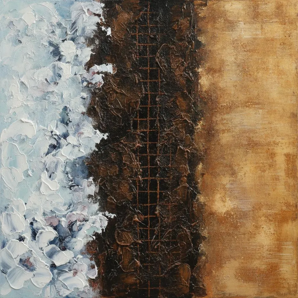 Fractured Umber Lattice Amidst Frozen Pale Blue Impasto — David Moreau