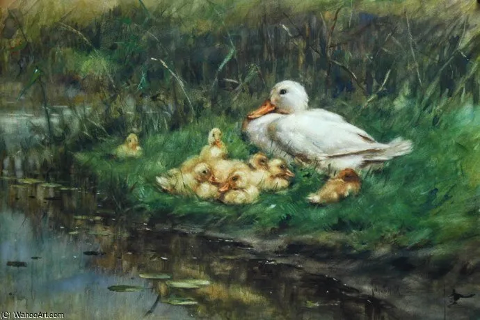 A Mother Duck With Her Ducklings On A Riverbank — Johannes Frederik Hulk
