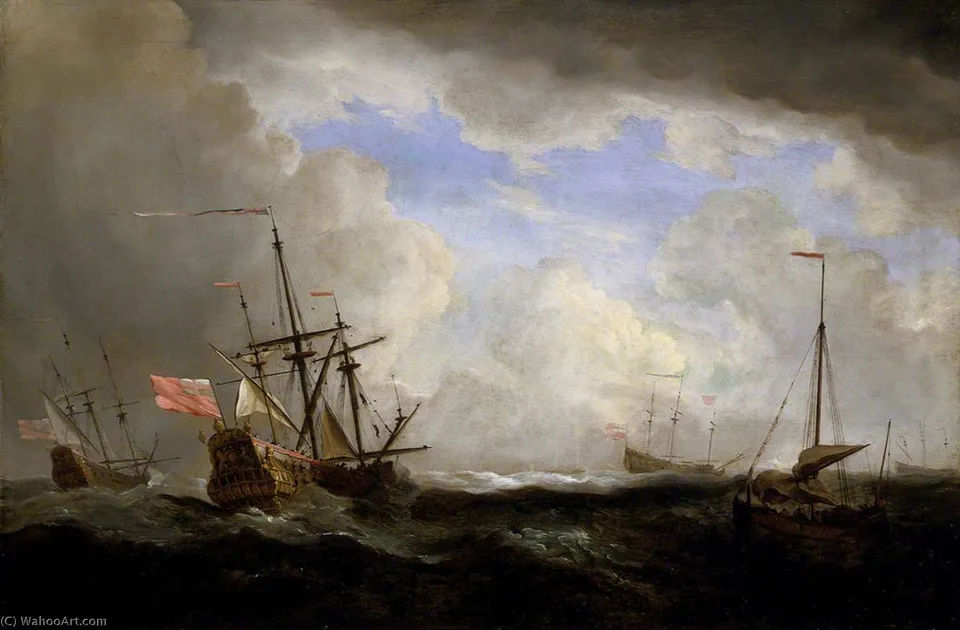 An English Ship And A Hooker At Sea In A Gale With Other Ships — Виллем Ван Де Вельде Старший