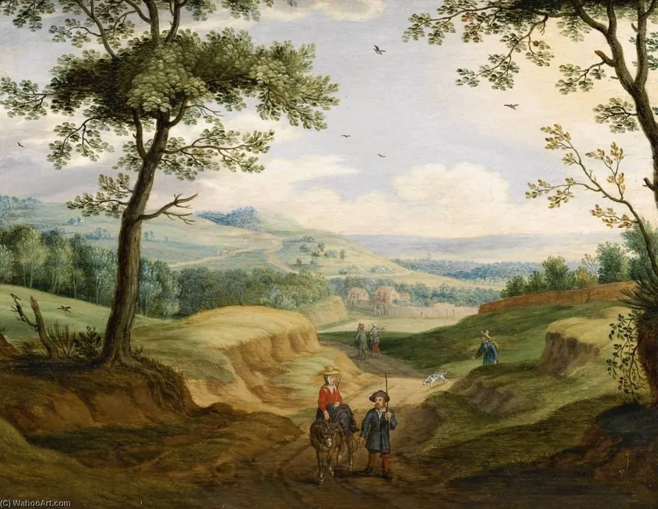 Extensive Landscape With Travellers On A Road — Izaac Van Oosten