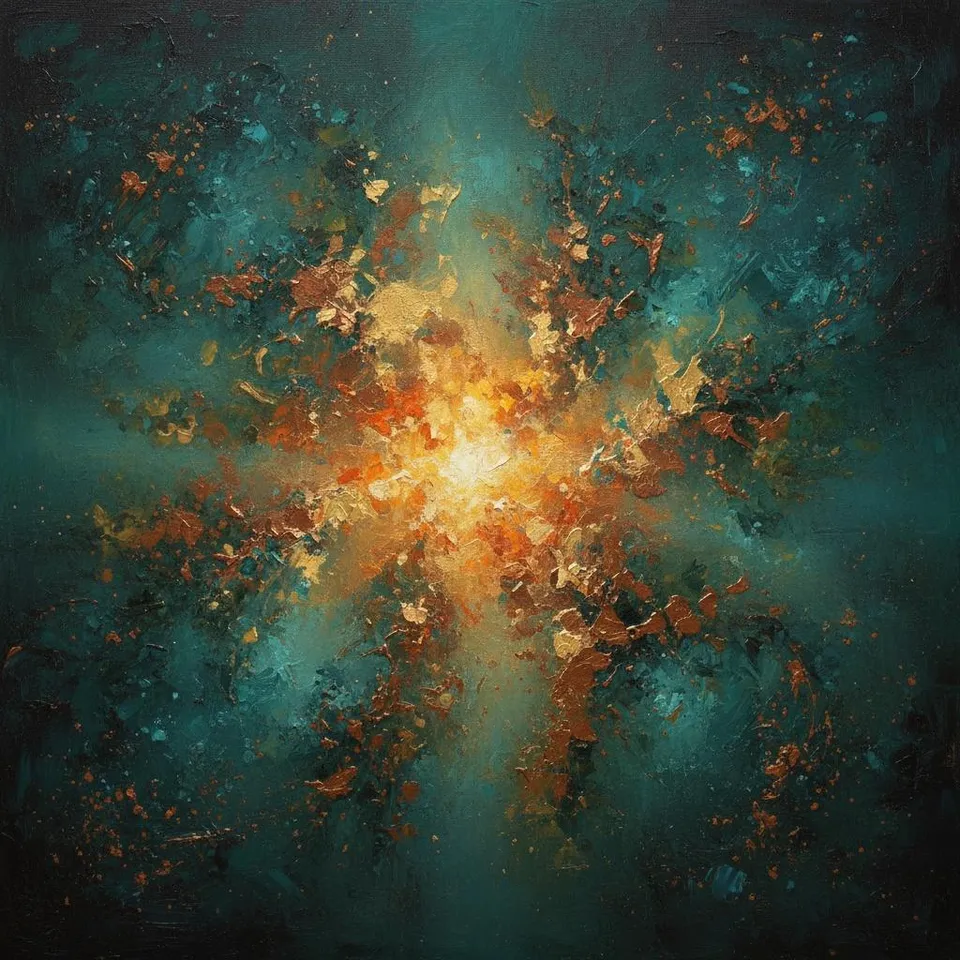 Celestial Radiance: A Singular Explosion Of Gold Amidst Nocturnal Teal Abstraction — Christian Noiret
