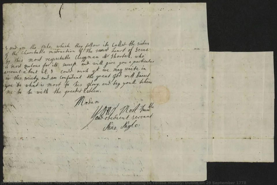 Letter 11: Nano Nagle Writing To Teresa Mulally, Dublin On 29 September 1778 — Honora (nano) Nagle