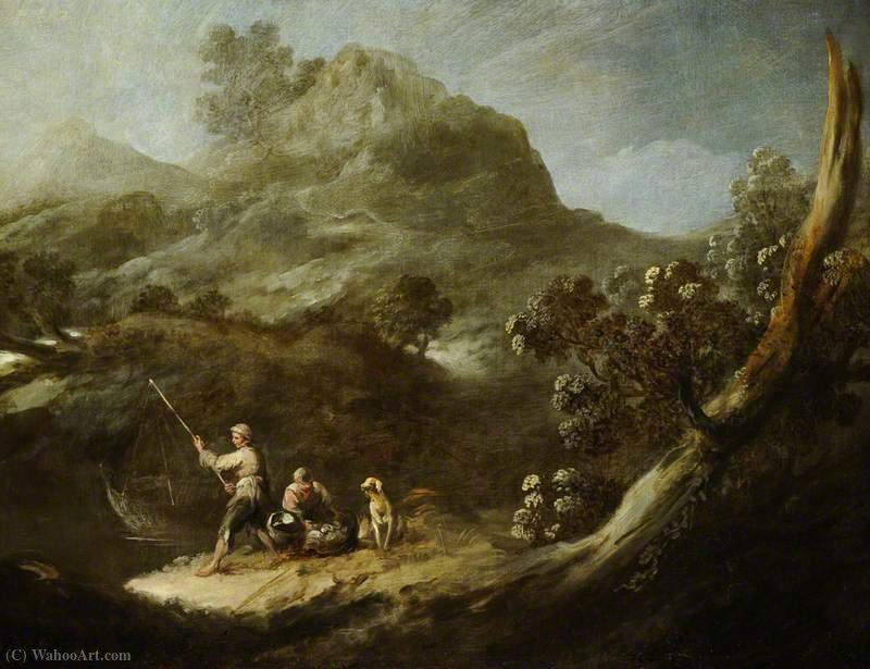 Rocky Wooded Landscape With Two Fisher Boys And A Dog — Ignacio De Iriarte