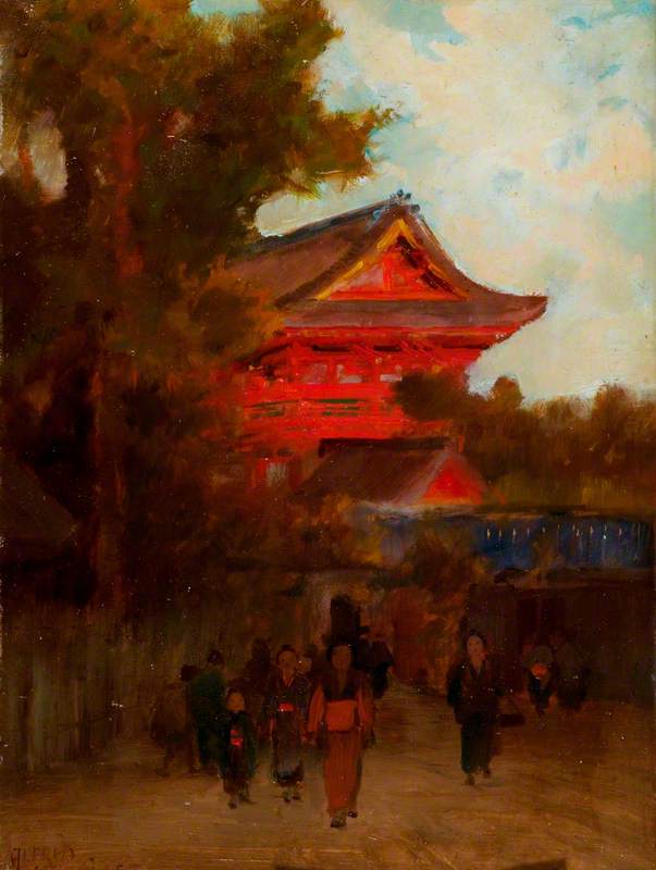 Japanese Scene With A Red Building — Alfred East