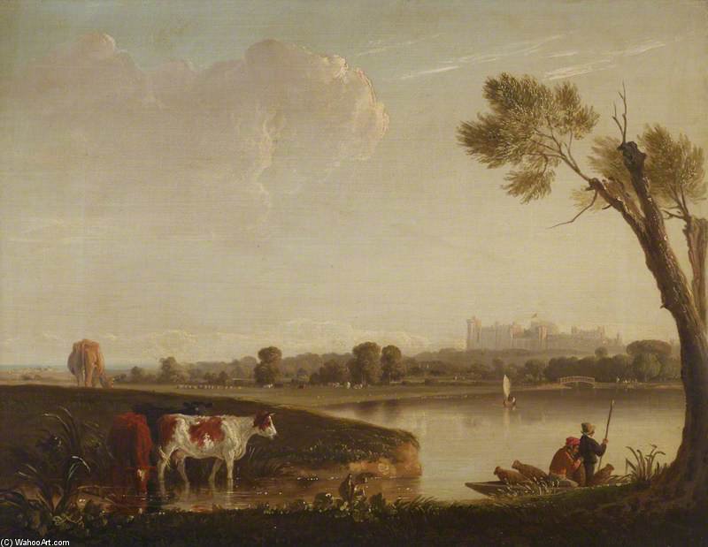 View Of Windsor Castle From The River, With Cattle, And Two Men In A Boat — Edmund Bristow