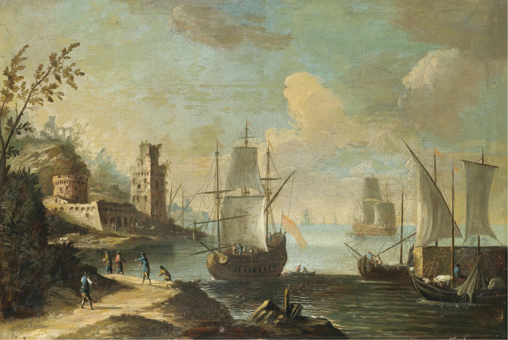 Mediterranean Harbour Scene With Figures On A Path In The Foreground, A Fort Beyond — Antonio Stom