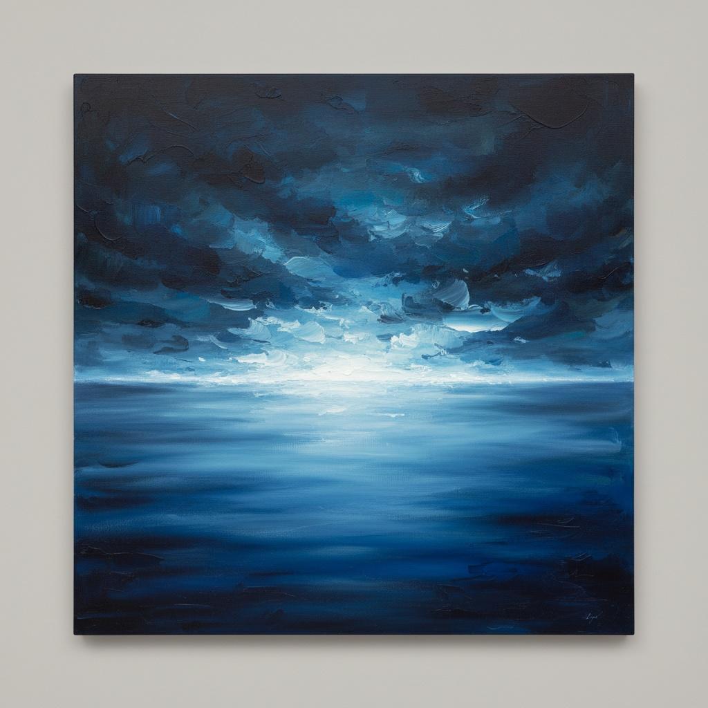 Celestial Turbulence Over A Luminous Horizon In Midnight Blue Impasto — Laurent Vionnet