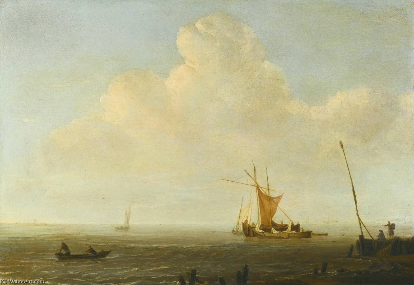 A Kaag And A Smalschip At Anchor In A Light Breeze Close To The Shore — Willem Van De Velde The Younger