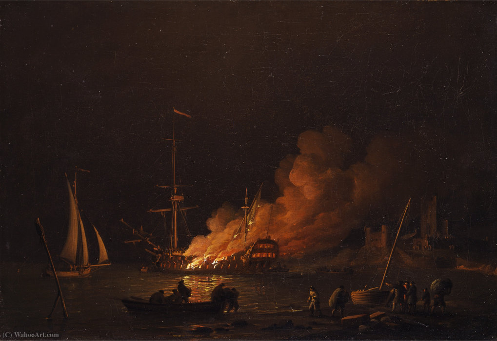 Ship On Fire At Night — Charles Brooking