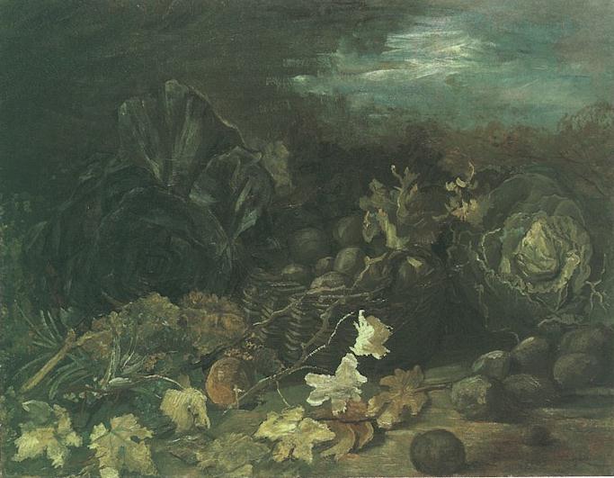 Still Life With A Basket Of Potatoes, Surrounded By Autumn Leaves And Vegetables — Vincent Willem Van Gogh