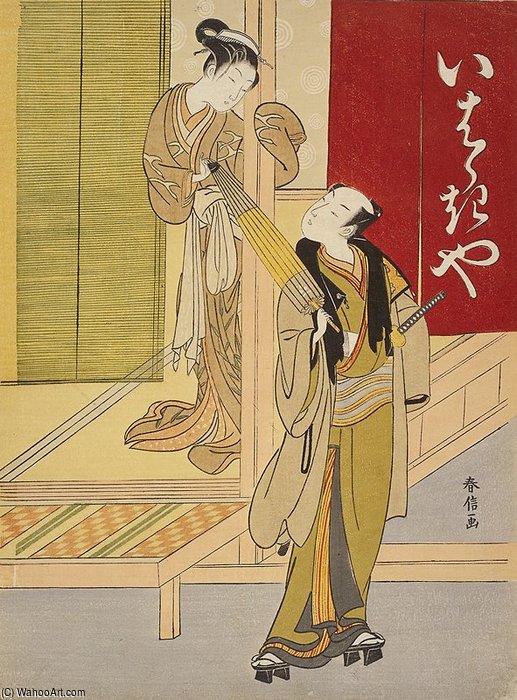 Courtesan Detaining A Young Man As A Mitate Of Ibaraki And Watanabe No Tsuna — Suzuki Harunobu