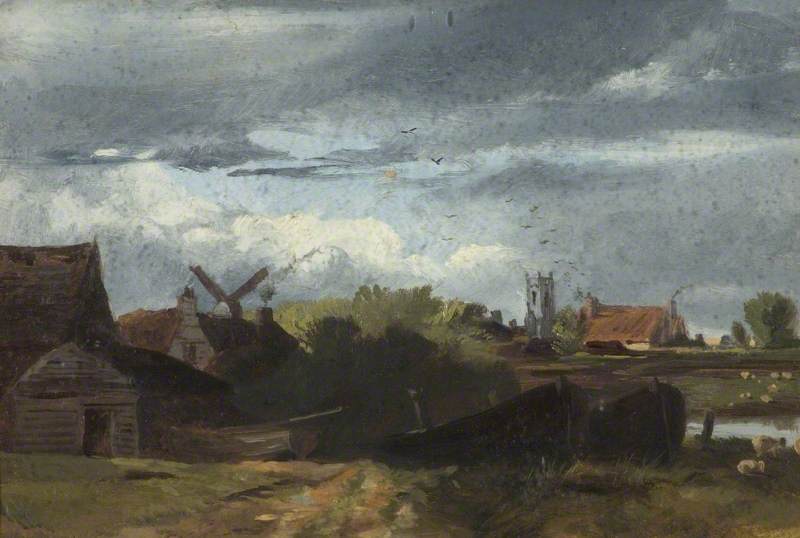 River Bank With Church Tower And Windmill — George Hornblower Simms