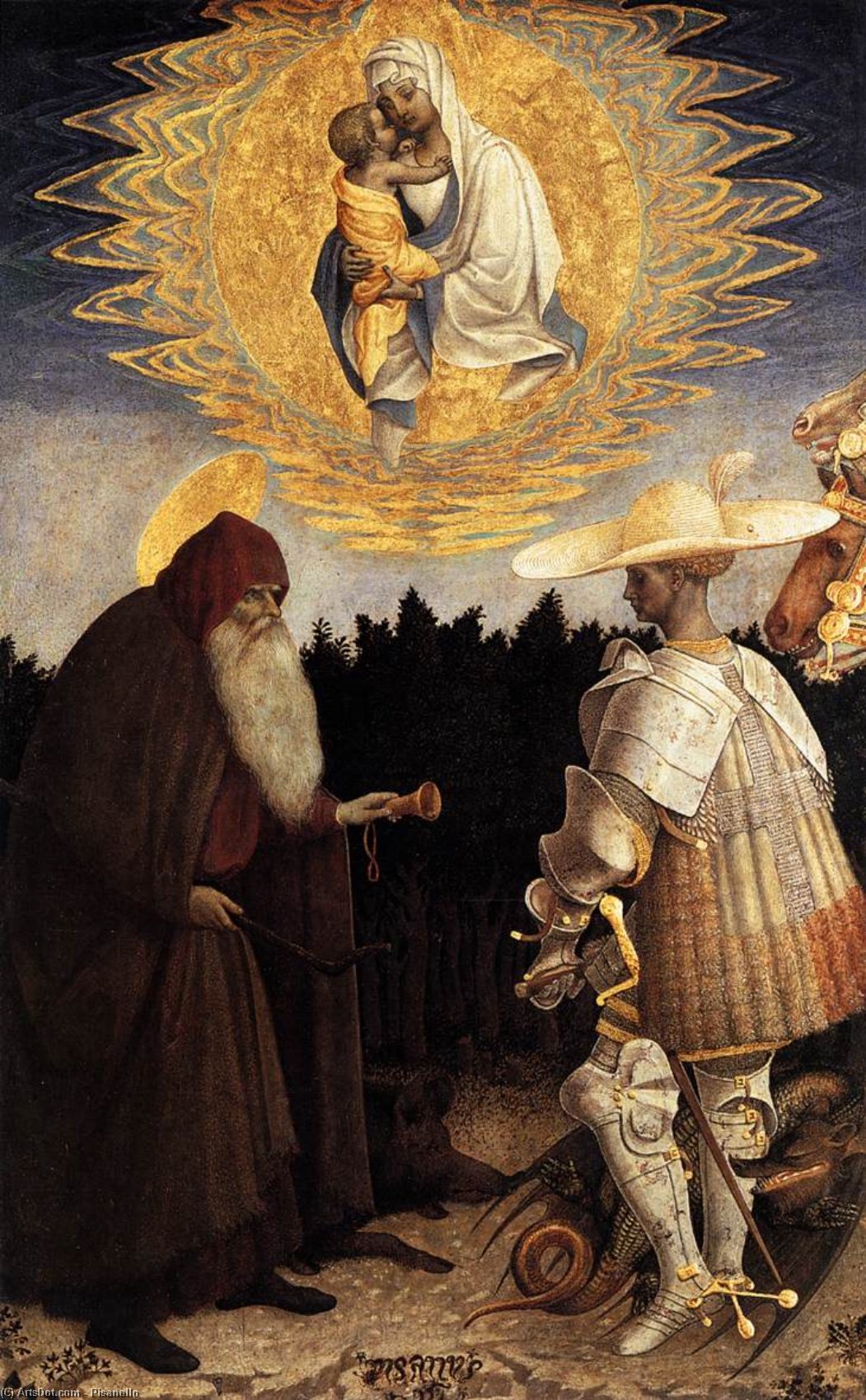 Apparition Of The Virgin To Sts Anthony Abbot And George. Panel. 47 X 29 Cm. National Gallery, London, Uk — Pisanelo