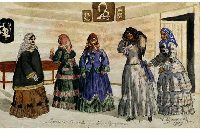 Five Young Women In An Interior With Icons — Boris Mikhailovich Kustodiev