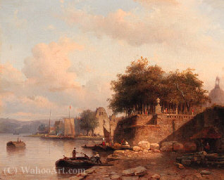Numerous Townsfolk On A Quay Of A Town Along The Rhine — Everhardus Koster