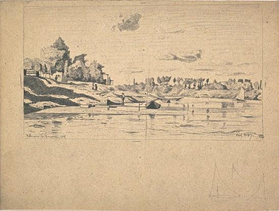 River Landscape With A Few Sailing Boats Or Docking — Paul Camille Guigou