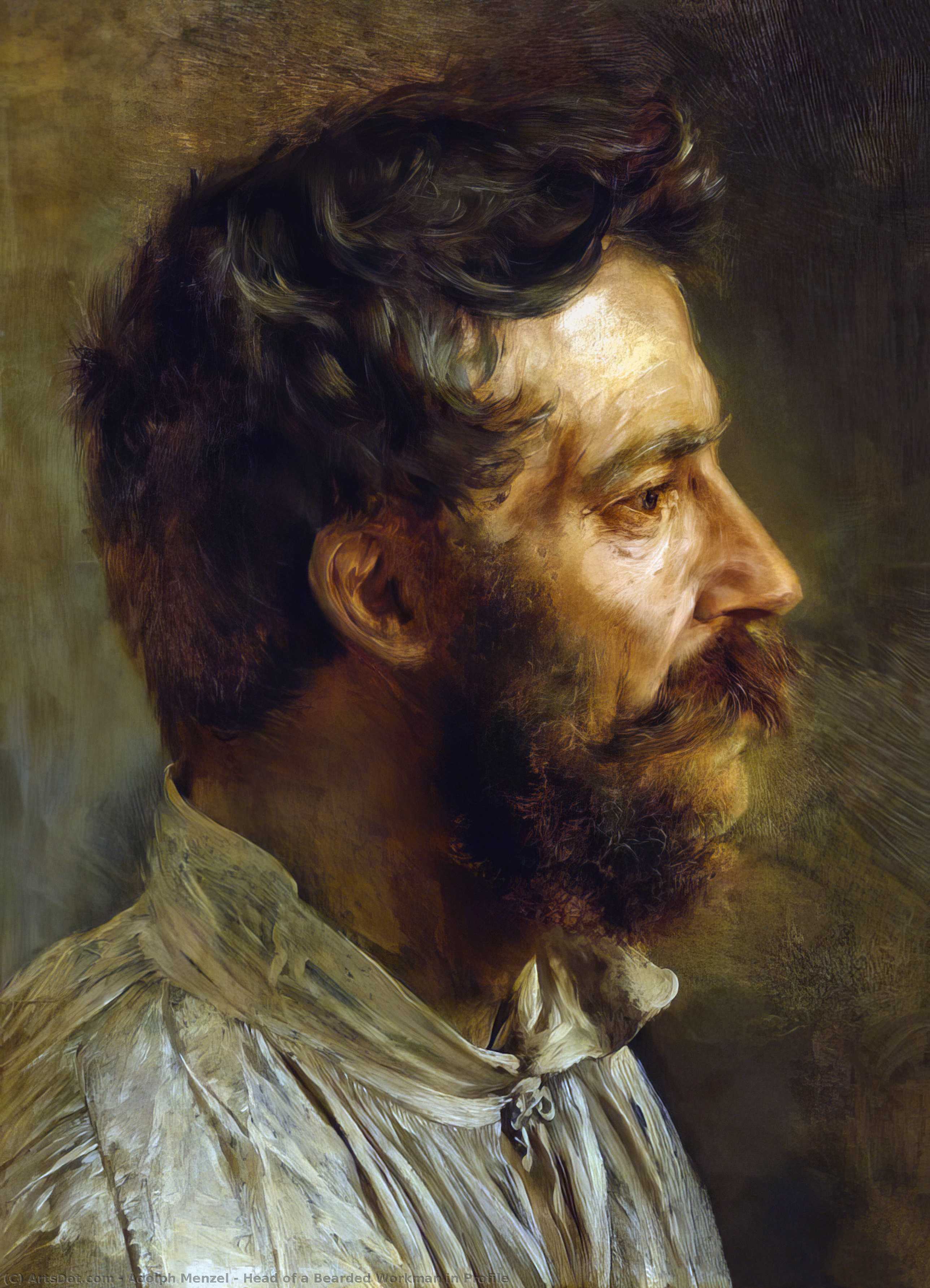 Head Of A Bearded Workman In Profile — Adolph Menzel