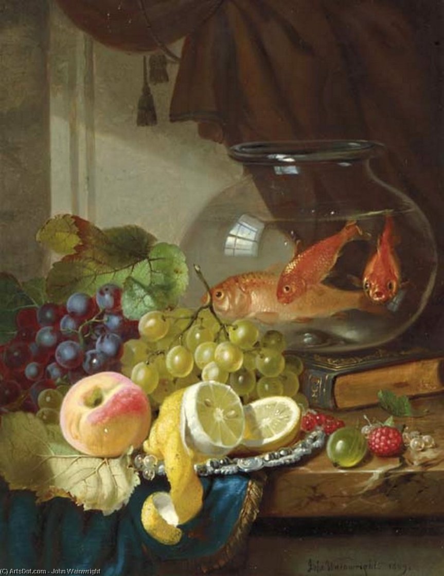 Still Life With Fruit And Goldfish In A Bowl On A Ledge — John Wainwright