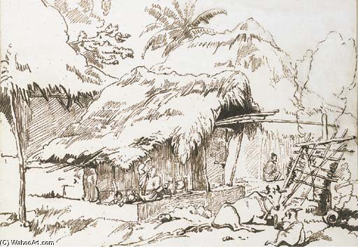 Water Carriers And Other Indian Figures, Beneath A Bridge; And Indian Figures And Cattle Outside A Hut — George Chinnery