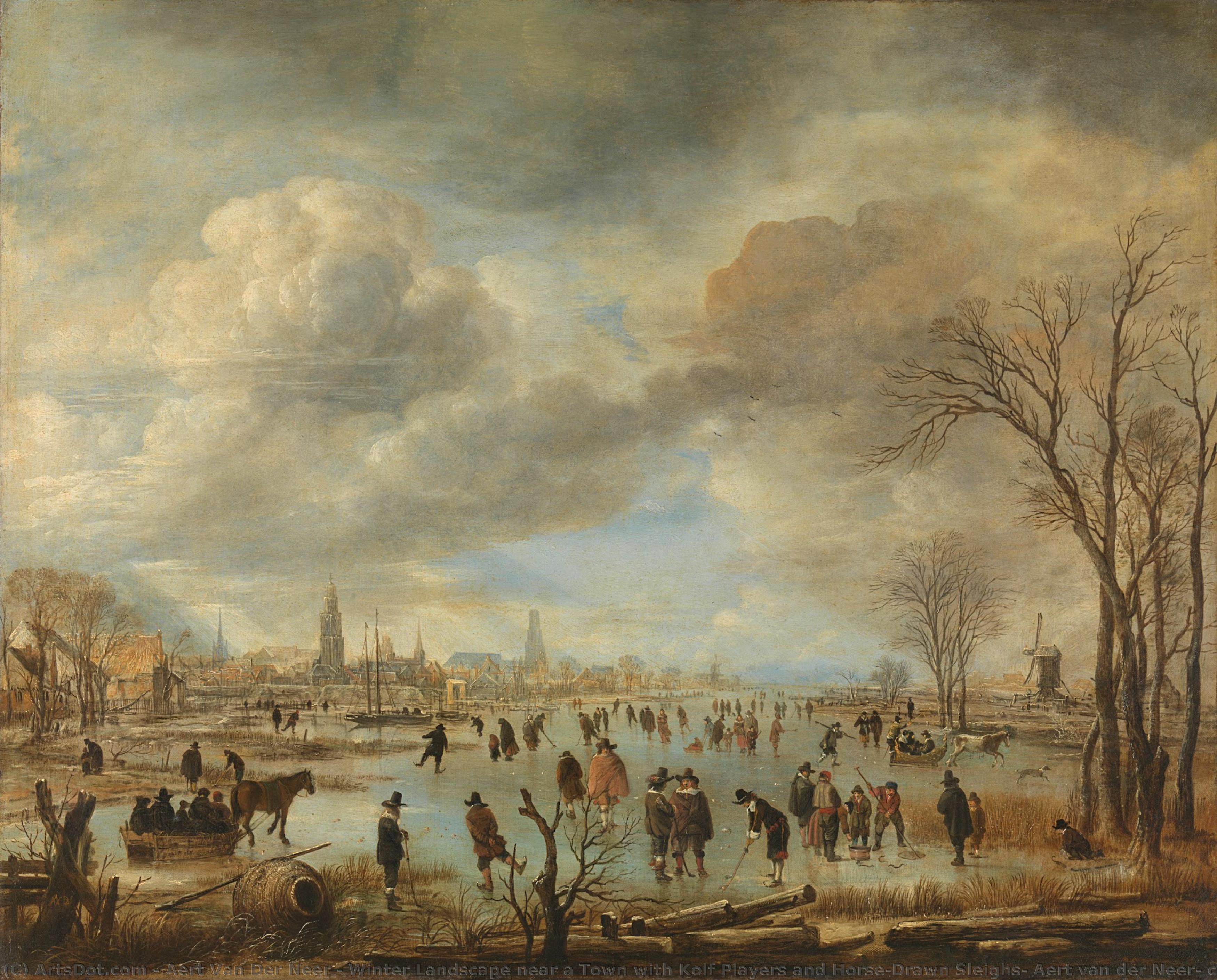 Winter Landscape Near A Town With Kolf Players And Horse-drawn Sleighs, Aert Van Der Neer, C. 1650 - C. 1655 — Aert Van Der Neer