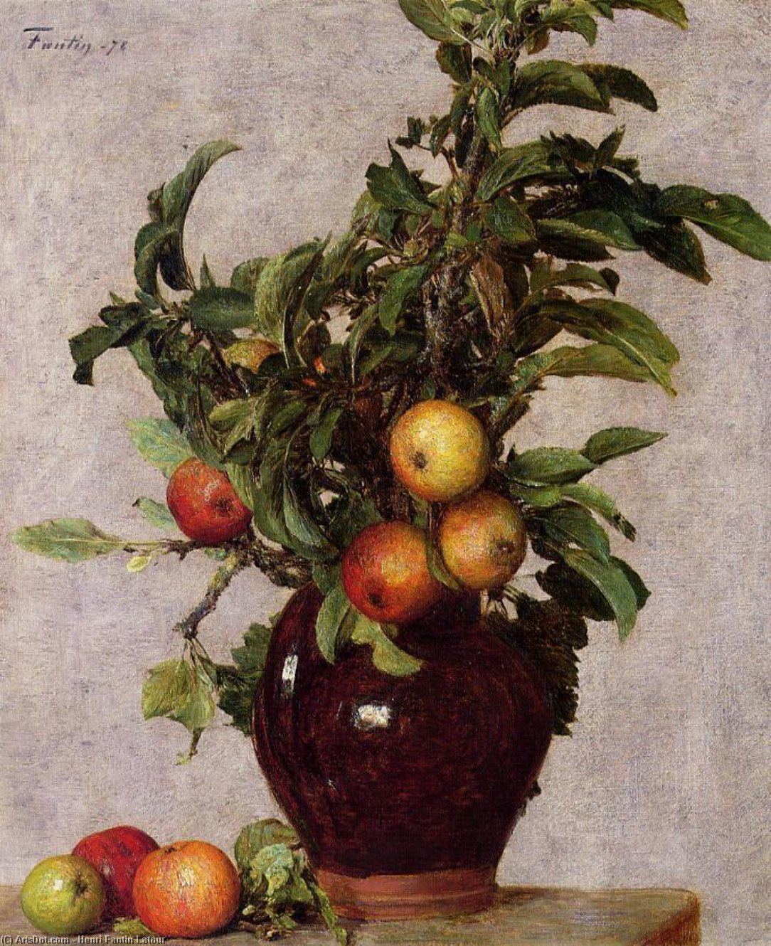 Vase With Apples And Foliage — Henri Fantin-latour