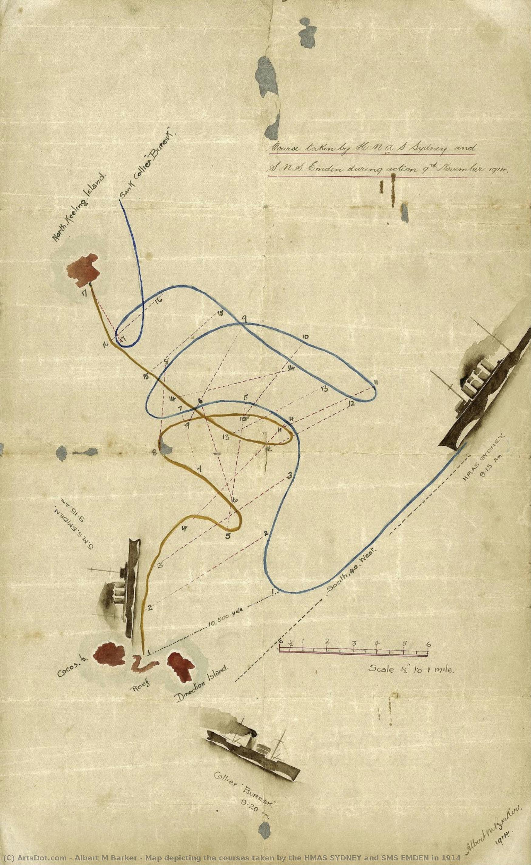 Map Depicting The Courses Taken By The Hmas Sydney And Sms Emden In 1914 — Albert M Barker